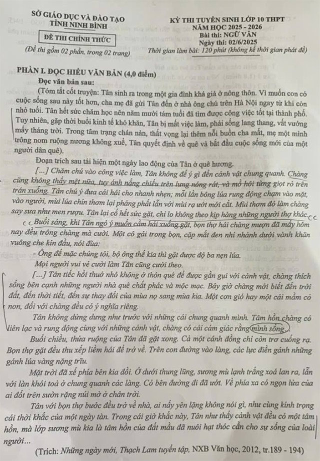 Đề thi tuyển sinh vào lớp 10 môn Văn Ninh Bình năm 2025