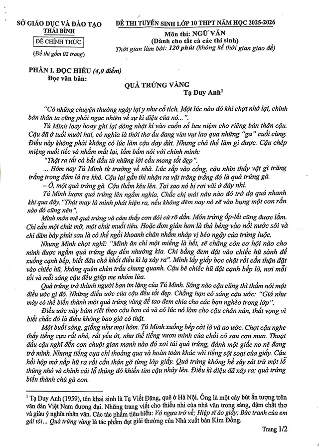 Đề thi vào lớp 10 môn Văn Thái Bình năm 2025