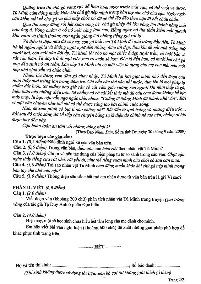Đề thi vào lớp 10 môn Văn Thái Bình năm 2025