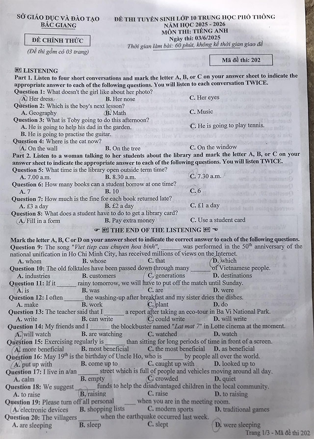 Đề thi vào lớp 10 môn Tiếng Anh Bắc Giang năm 2025