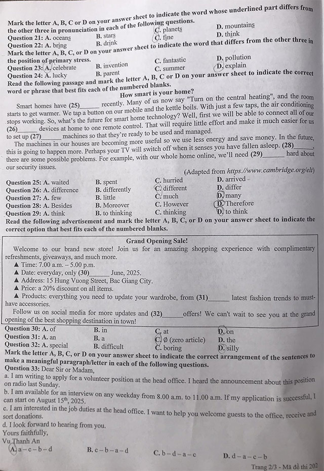 Đề thi vào lớp 10 môn Tiếng Anh Bắc Giang năm 2025