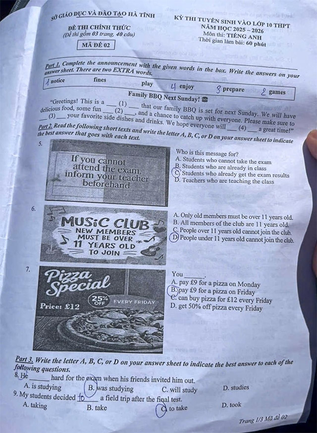 Đề thi vào lớp 10 môn Tiếng Anh Hà Tĩnh năm 2025