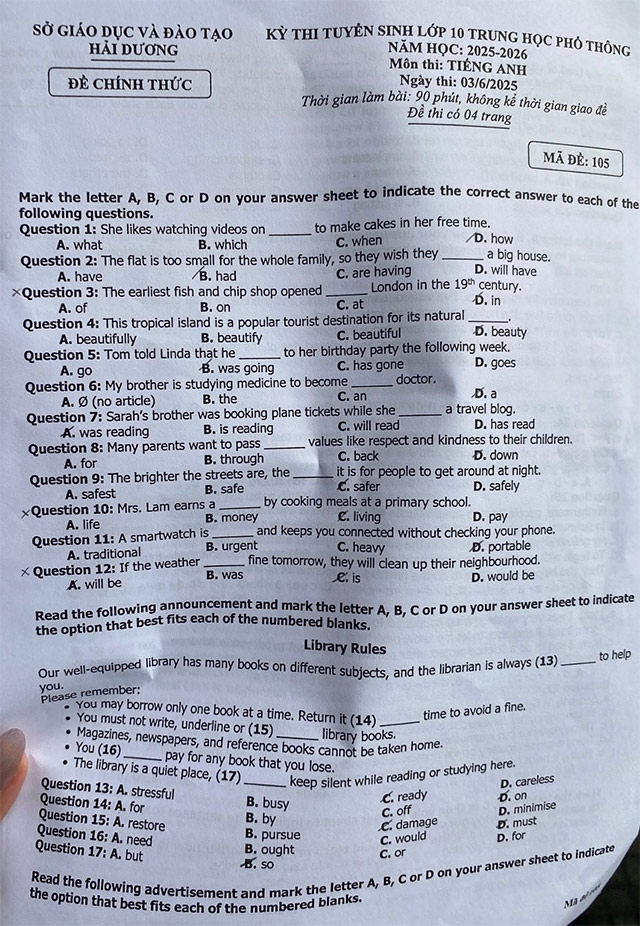 Đề thi vào lớp 10 môn Tiếng Anh Hải Dương năm 2025