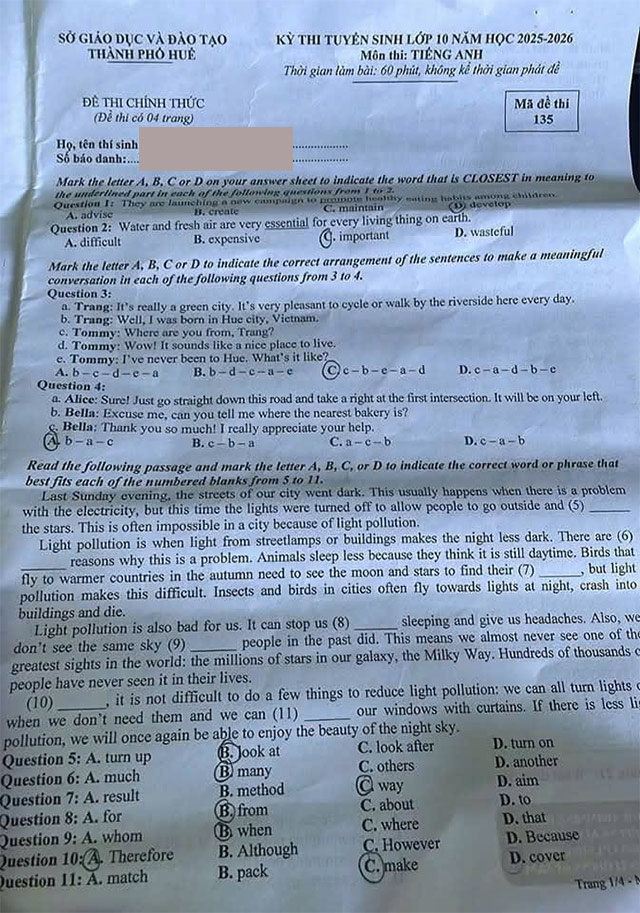 Đề thi vào lớp 10 môn Tiếng Anh Thừa Thiên Huế 2025