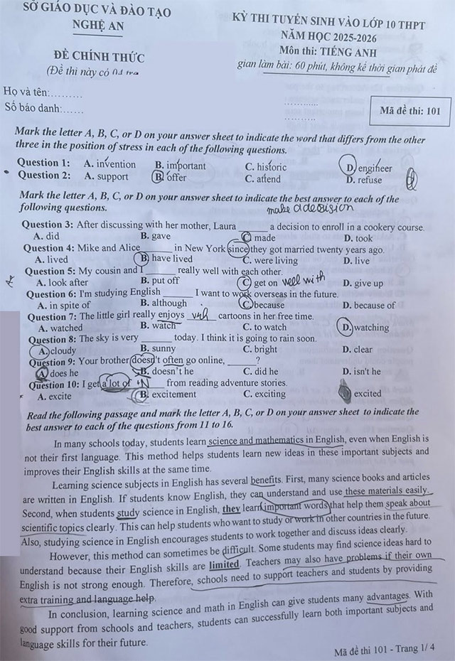 Đề thi vào lớp 10 môn Anh Nghệ An năm 2025
