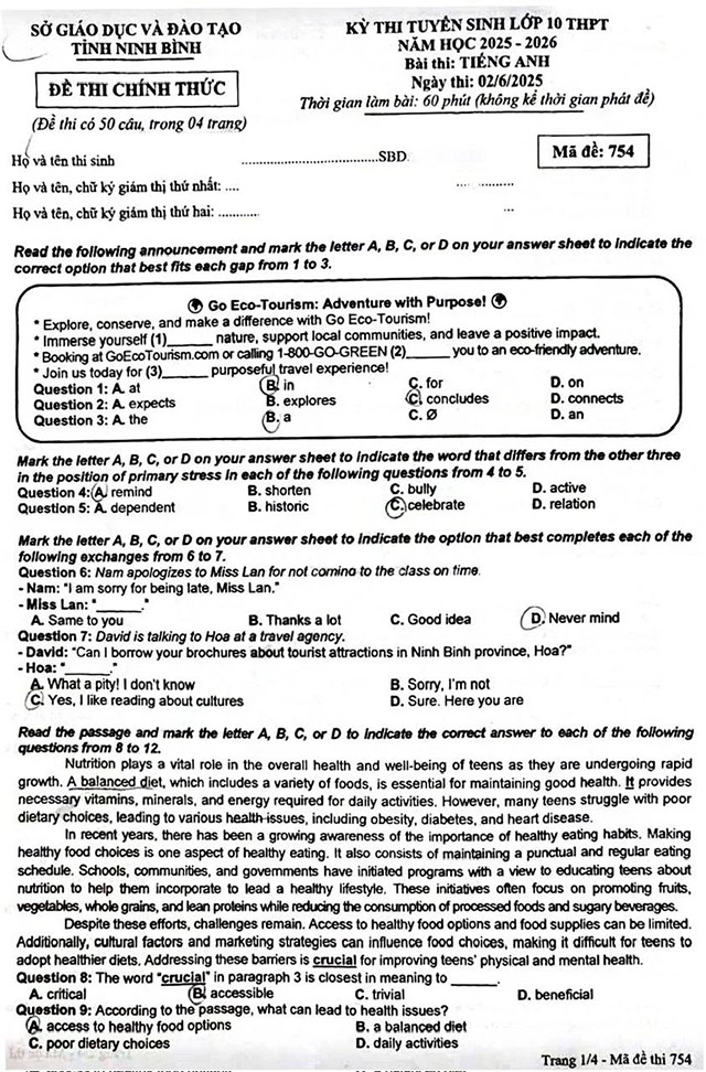 Đề thi vào 10 môn Tiếng Anh Ninh Bình năm 2025