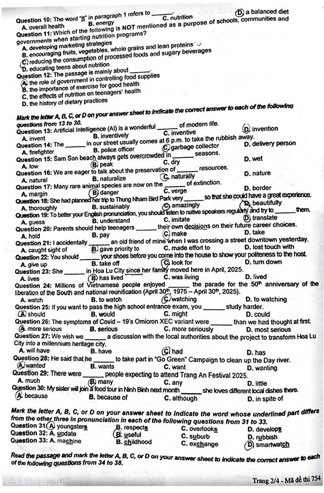 Đề thi vào 10 môn Tiếng Anh Ninh Bình năm 2025