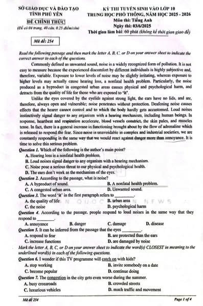 Đề thi vào lớp 10 môn Tiếng Anh Phú Yên năm 2025