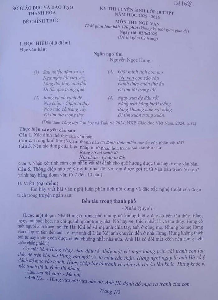 Đề thi vào lớp 10 môn Văn Thanh Hóa 