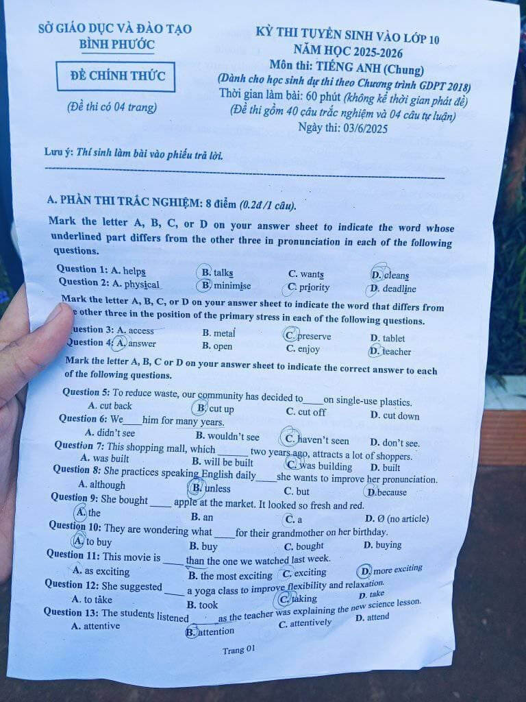 Đề thi vào 10 Tiếng Anh Bình Phước