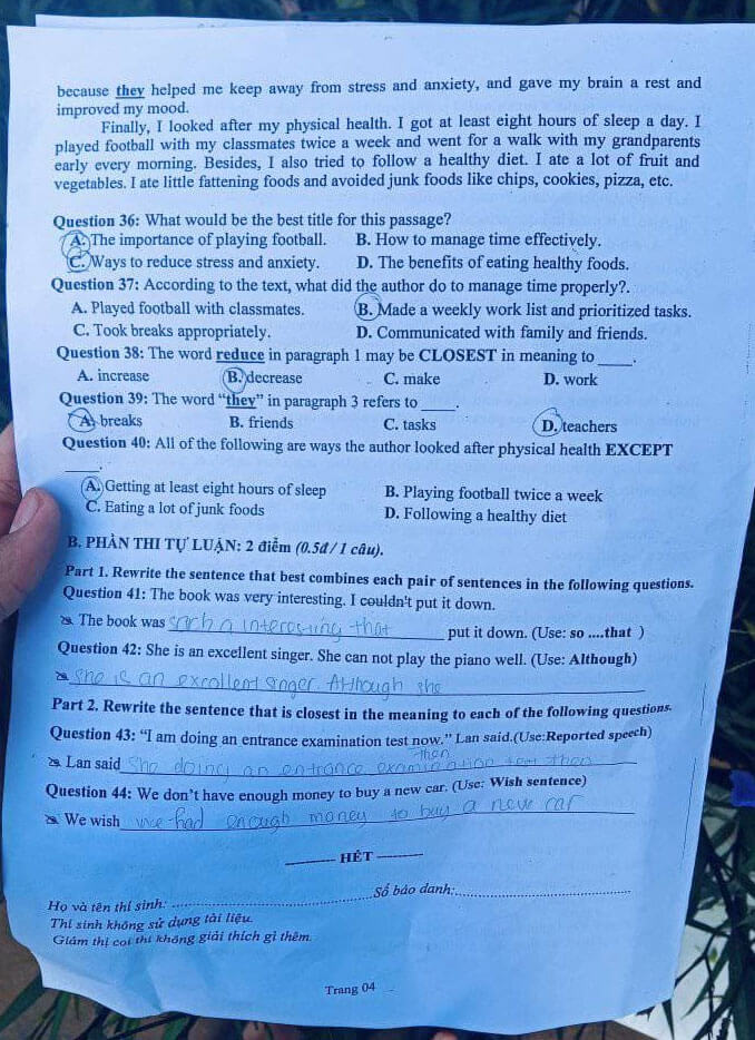 Đề thi vào 10 Tiếng Anh Bình Phước