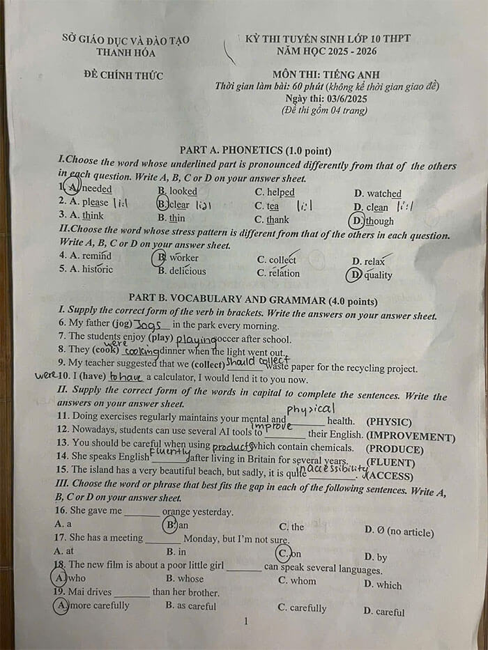 Đề thi vào 10 tiếng Anh Thanh Hóa