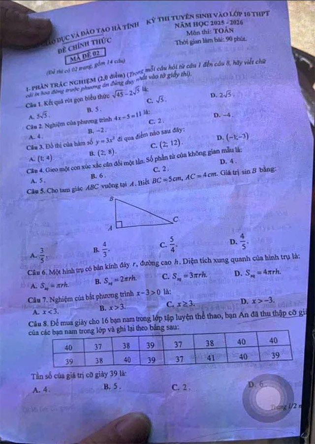 Đề thi vào lớp 10 môn Toán Hà Tĩnh năm 2025