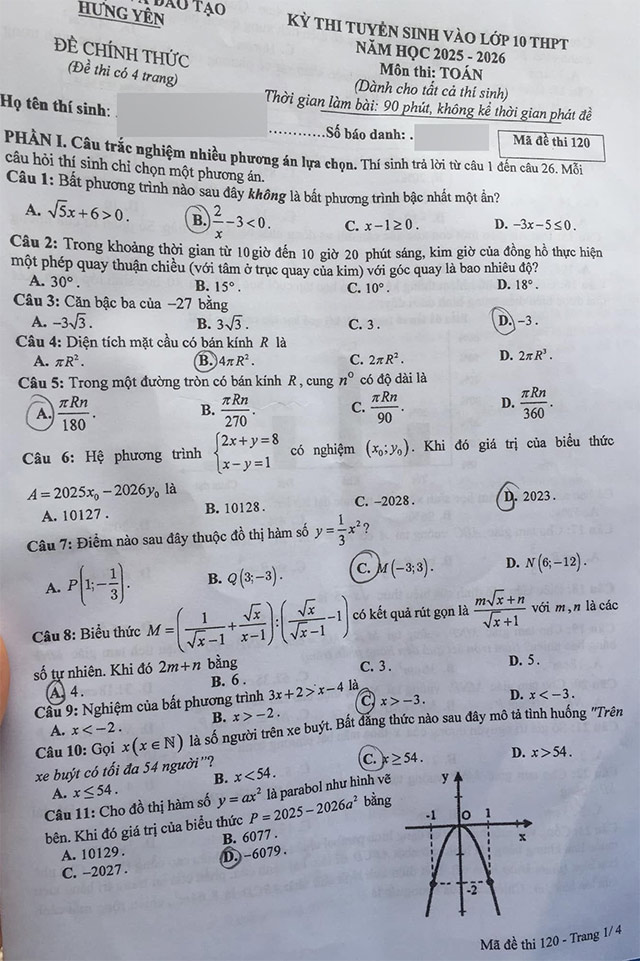 Đề thi vào lớp 10 môn Toán Hưng Yên năm 2025