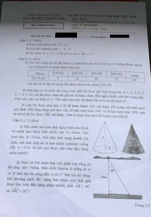 Đề thi vào lớp 10 môn Toán Kon Tum năm 2025