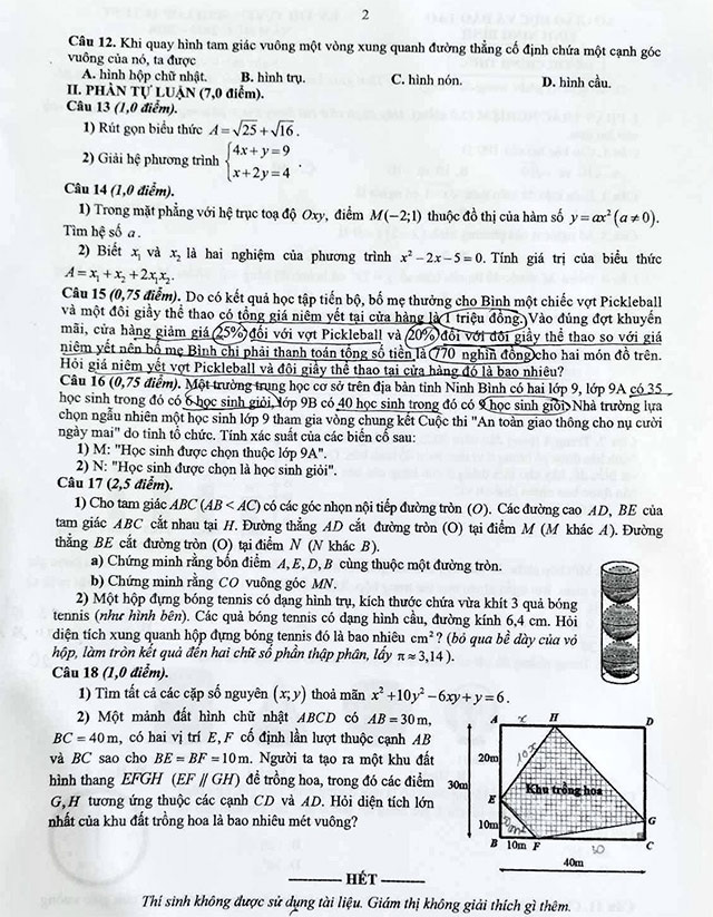 Đề thi vào lớp 10 môn Toán tỉnh Ninh Bình năm 2025