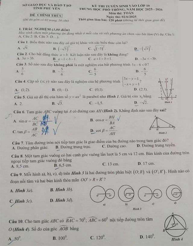 Đề thi vào 10 môn Toán Phú Yên năm 2025