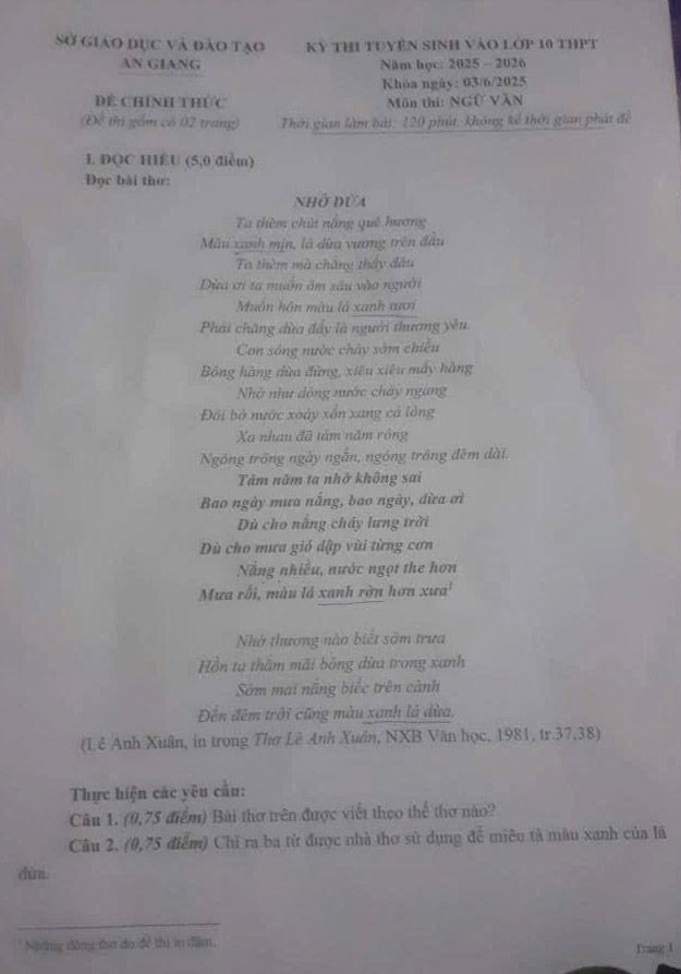Đề thi vào lớp 10 môn Văn An Giang năm 2025