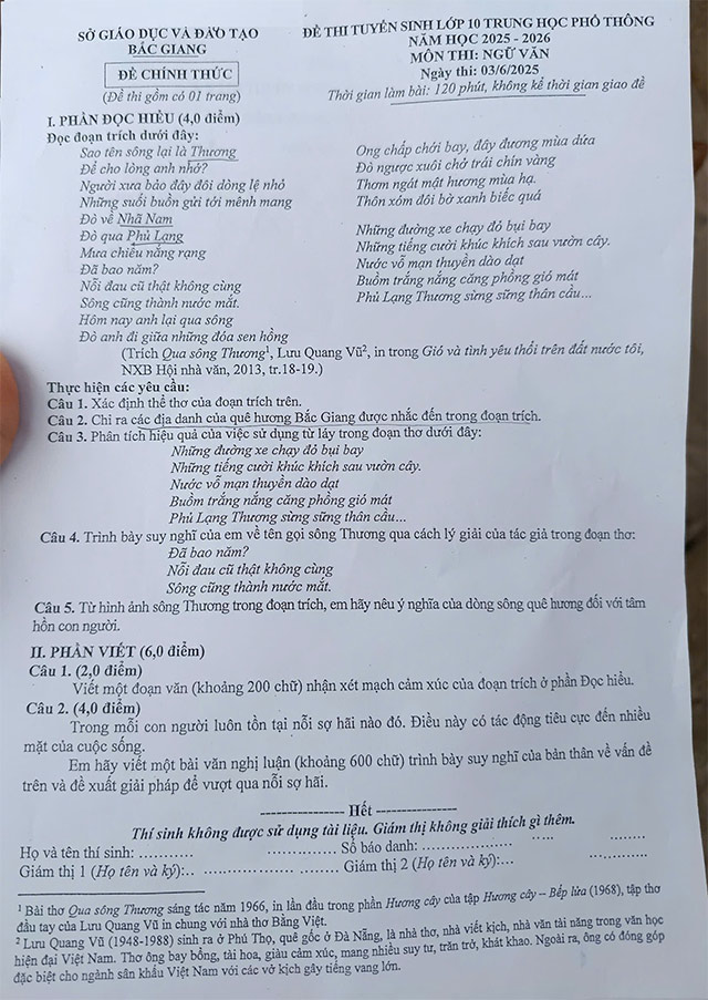 Đề thi vào lớp 10 môn Văn Bắc Giang năm 2025