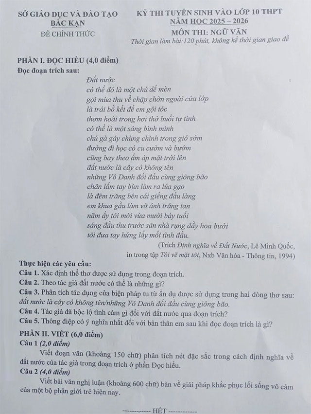 Đề thi vào lớp 10 môn Ngữ văn tỉnh Bắc Kạn năm 2025