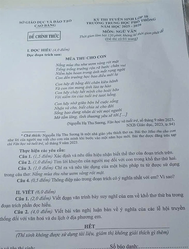 Đề thi vào lớp 10 môn Văn Cao Bằng năm 2025