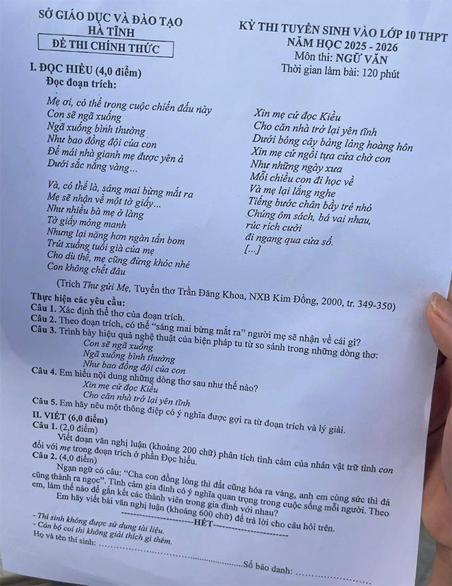Đề thi vào lớp 10 môn Văn năm 2025 Hà Tĩnh