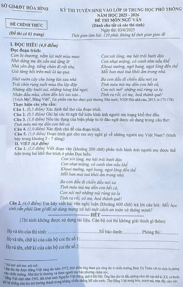 Đề thi vào lớp 10 môn Văn Hòa Bình năm 2025