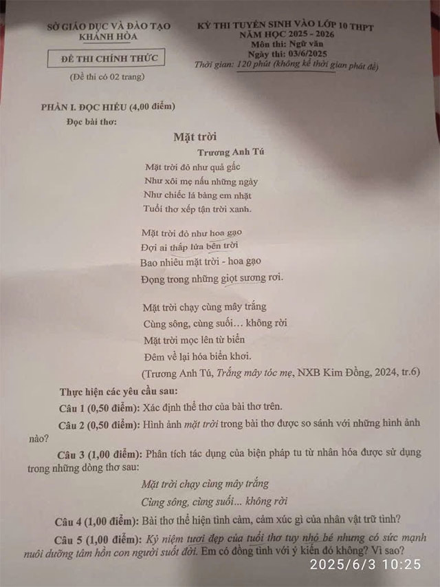 Đề thi vào lớp 10 môn Văn Khánh Hòa năm 2025