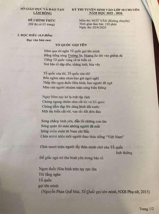 Đề thi vào lớp 10 môn Văn THPT Chuyên Lâm Đồng năm 2025