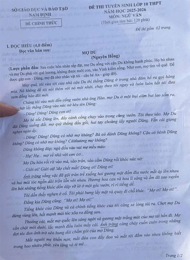 Đề thi vào lớp 10 môn Văn Nam Định 2025