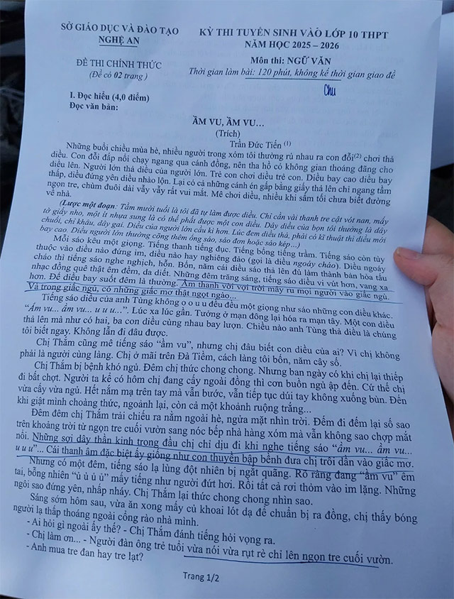 Đề thi vào lớp 10 môn Văn Nghệ An năm 2025