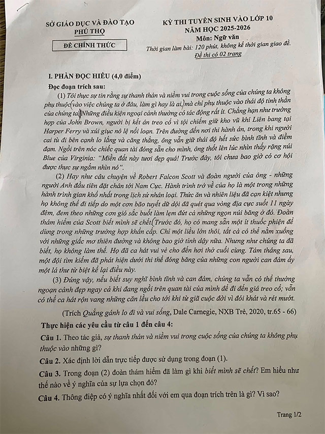 Đề thi vào 10 môn Văn Phú Thọ năm 2025