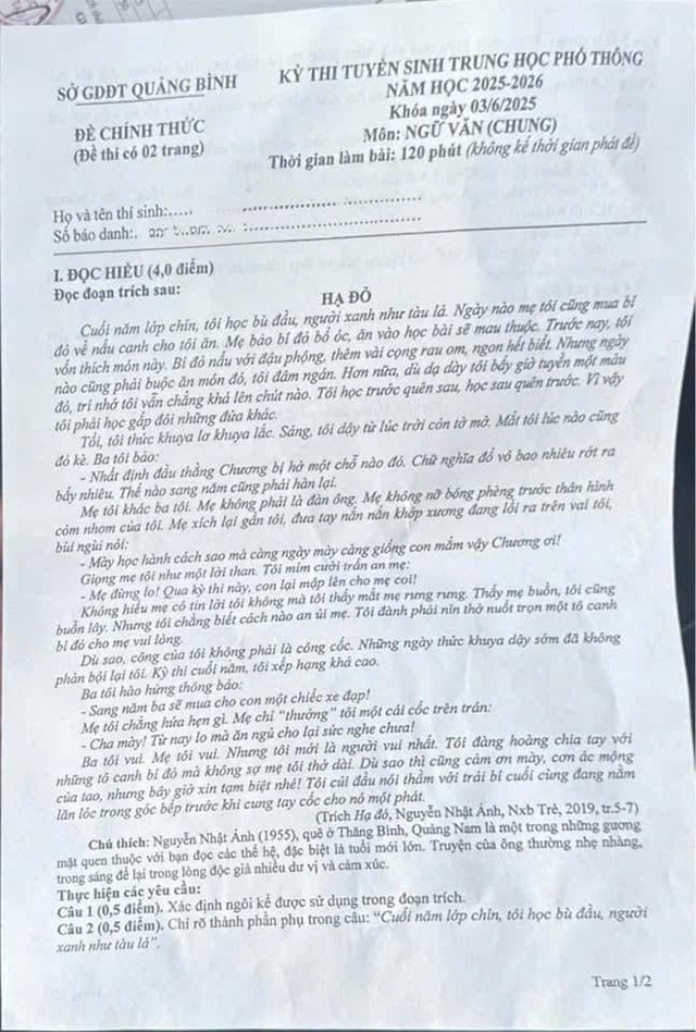 Đề thi vào lớp 10 môn Văn Quảng Bình năm 2025