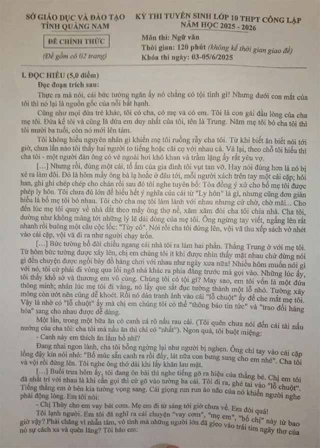 Đề thi vào lớp 10 môn Văn Quảng Nam năm 2025