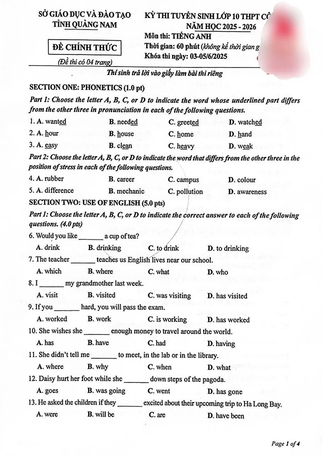 Đề thi vào lớp 10 môn Tiếng Anh Quảng Nam năm 2025
