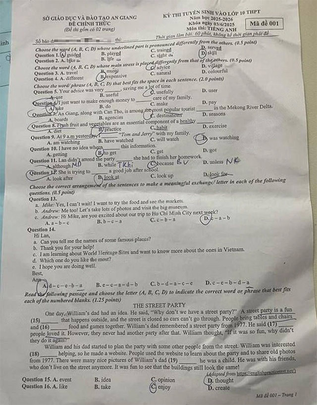 Đề thi vào lớp 10 môn Anh An Giang năm 2025