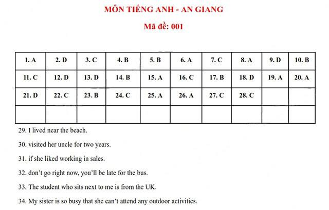 Đề thi vào lớp 10 môn Anh An Giang năm 2025