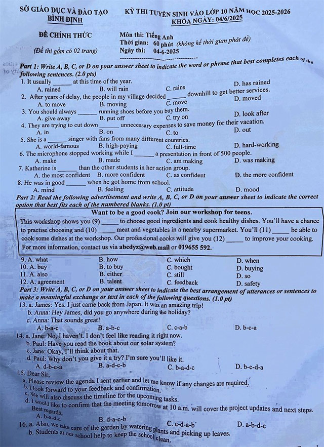 Đề thi vào lớp 10 môn Anh Bình Định 2025