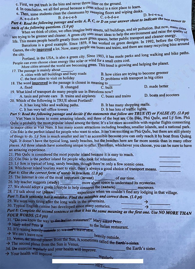 Đề thi vào lớp 10 môn Anh Bình Định 2025