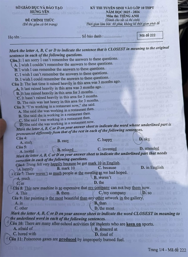 Đề thi vào lớp 10 Anh Hưng Yên năm 2025