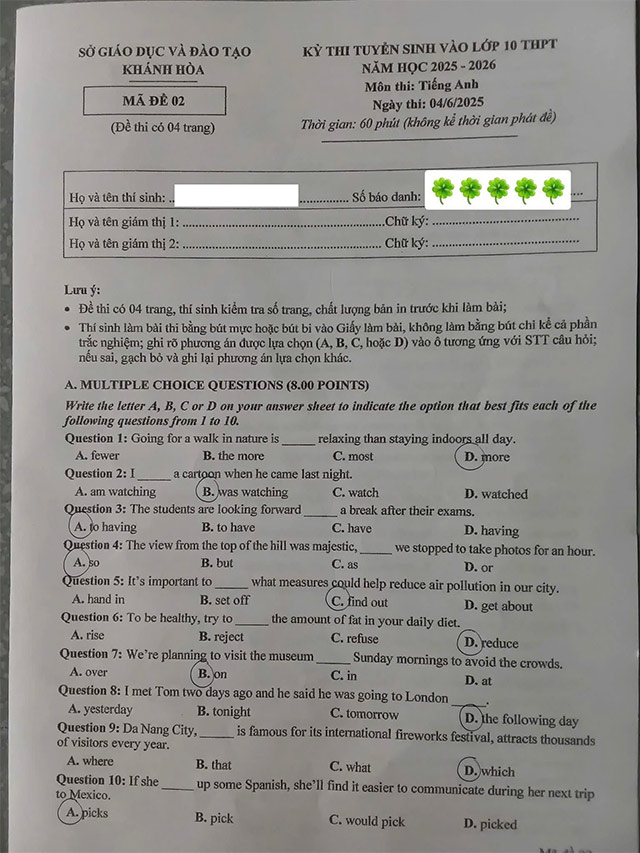 Đề thi vào lớp 10 môn Anh Khánh Hòa năm 2025