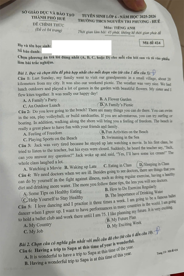 Đề thi vào lớp 6 môn Tiếng Anh THCS Nguyễn Tri Phương