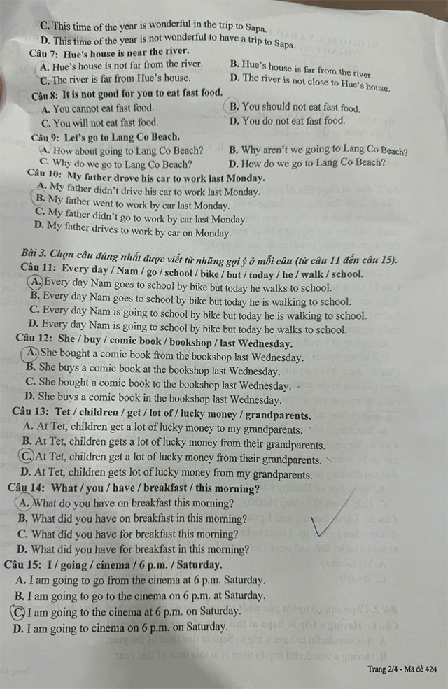 Đề thi vào lớp 6 môn Tiếng Anh THCS Nguyễn Tri Phương