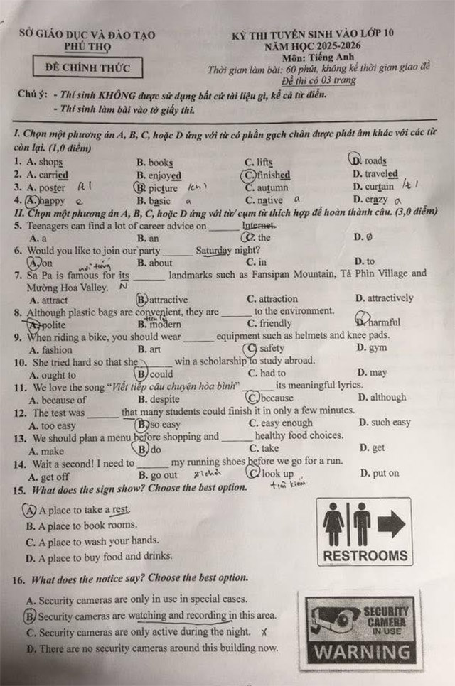 Đề thi vào lớp 10 môn Anh Phú Thọ năm 2025