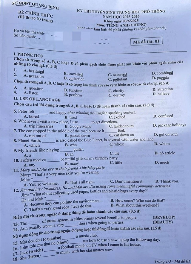 Đề thi vào lớp 10 môn Anh Quảng Bình năm 2025