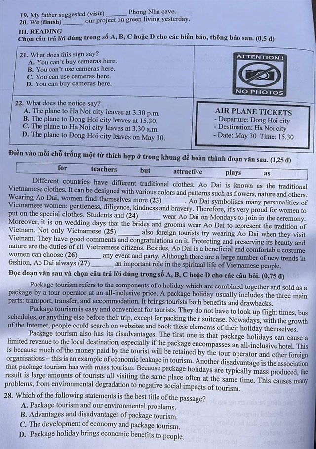 Đề thi vào lớp 10 môn Anh Quảng Bình năm 2025