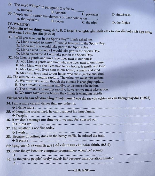 Đề thi vào lớp 10 môn Anh Quảng Bình năm 2025