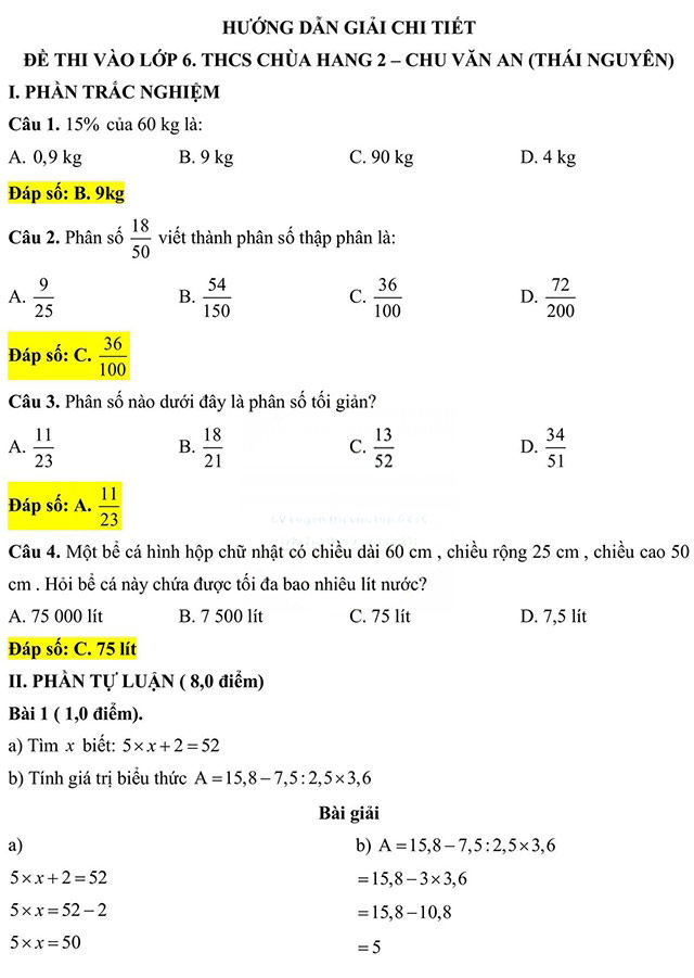 Đáp án đề thi vào lớp 6 môn Toán THCS Chu Văn An, THCS Chùa Hang II