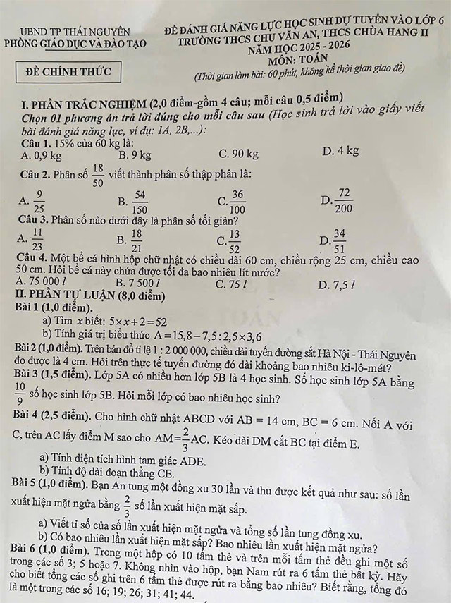 Đề thi vào lớp 6 môn Toán THCS Chu Văn An, THCS Chùa Hang II
