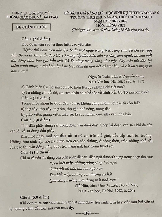 Đề thi vào lớp 6 môn Tiếng Việt THCS Chu Văn An, THCS Chùa Hang II